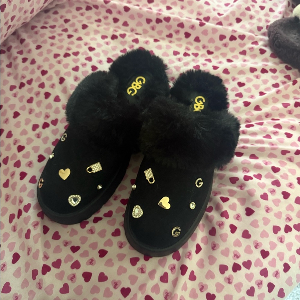 Guess Black Slippers with Gold and Silver Accents